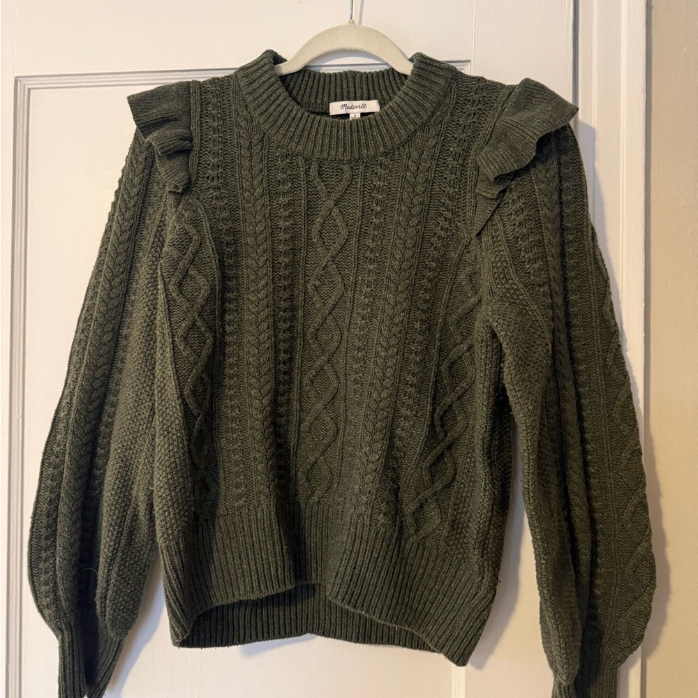 Madewell Forest Green Ruffle Cable Knit Sweater